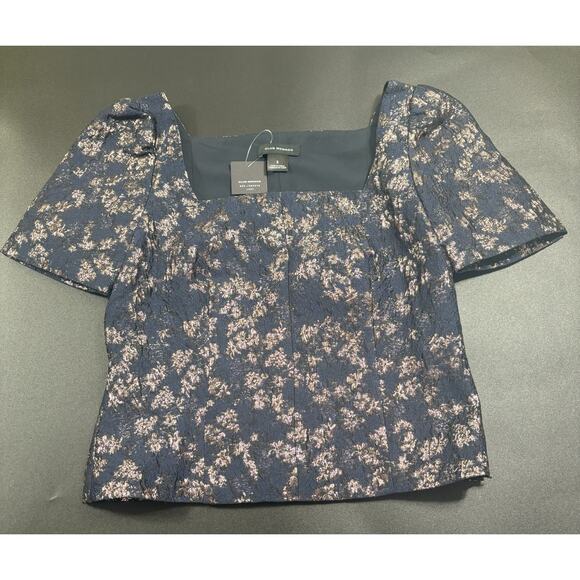 Club Monaco NWT Brocade Puff Sleeve Blouse in Blue Multi in Size 2 MSRP $150 - Picture 3 of 5